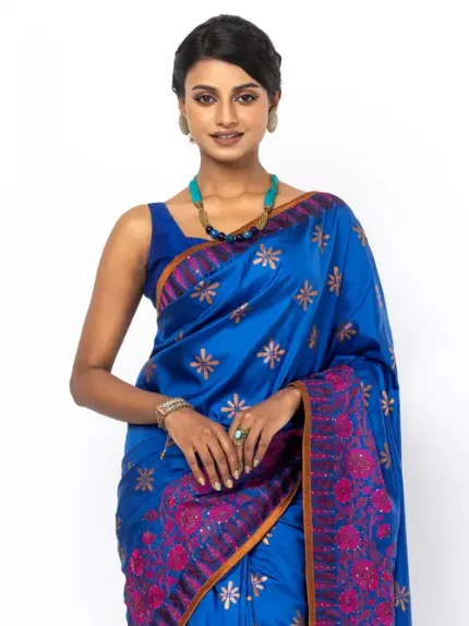 Ultra Blue Appliqued, Printed And Embroidered Silk Saree