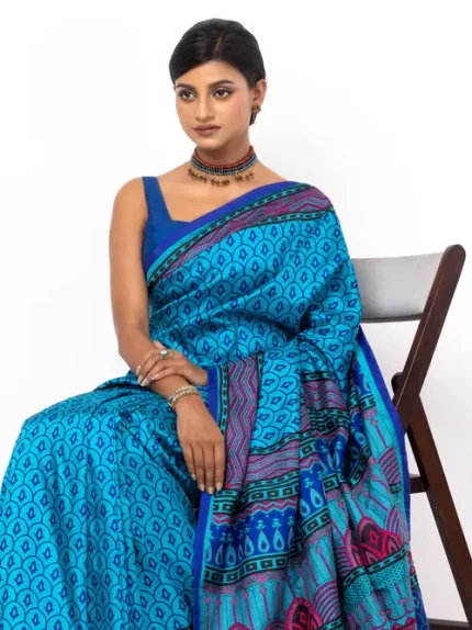 Olympic Blue Printed And Embroidered Silk Saree