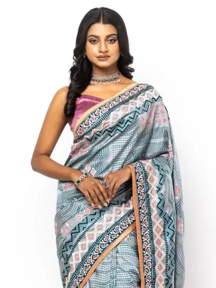 Grey Printed and Embroidered Silk Saree