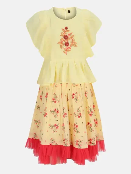 Light Yellow Embroidered Linen-Voile Skirt Top Set