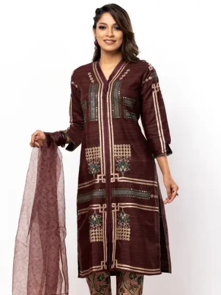 Coffee Maximalism Embroidered Endi Silk Shalwar Kameez