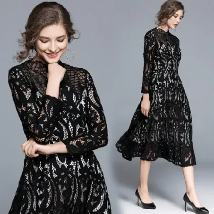 Black Lace Overlay Midi Dress